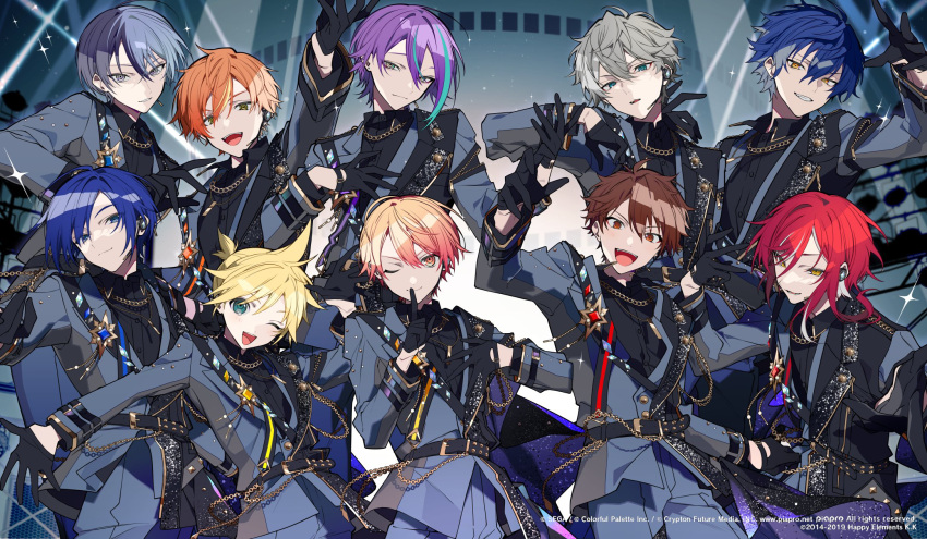 6+boys, aoyagi_touya, black_gloves, black_hair, black_shirt, blazer, blonde_hair, blue_hair