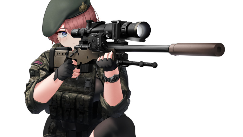 absurdres, accuracy_international, aiming, beret, blue_eyes, british_army, brown_hair, camouflage, commission, fingerless_gloves, gloves, gun, hat, highres, knee_up, load_bearing_vest, military_combat_uniform, original, pixiv_commission, rifle, rynn_(rynn_cube), sniper_rifle, watch, watch, weapon, white_background