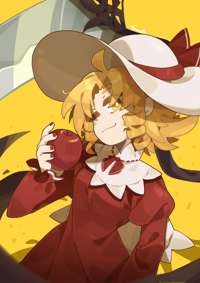 1girl, apple, blonde_hair, bow, curly_hair, dress, elly_(touhou), food, fruit, hat, hat_bow, highres, holding, holding_food, holding_fruit, long_sleeves, red_bow, red_dress, scythe, short_hair, smile, solo, texusa1, touhou, touhou_(pc-98), yellow_eyes