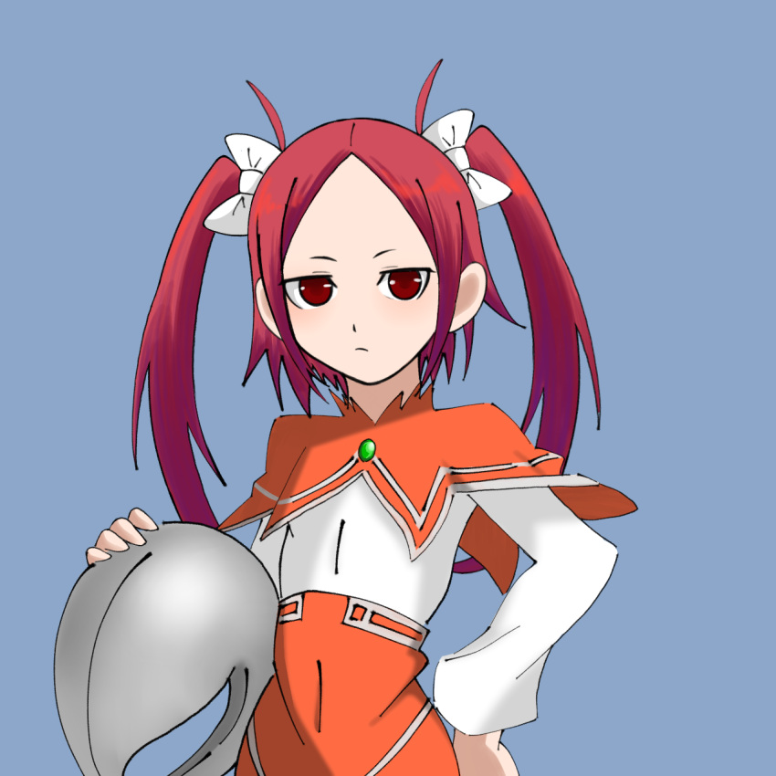 1girl, blue_background, bow, capelet, closed_mouth, covered_navel, gem, green_gemstone, hair_bow, hand_on_own_hip, helmet, highres, holding, holding_helmet, long_sleeves, red_capelet, red_eyes, red_hair, rommy_(tales), simple_background, solo, tales_of_(series), tales_of_the_tempest, tkg_(pixiv_65696494), upper_body, white_bow