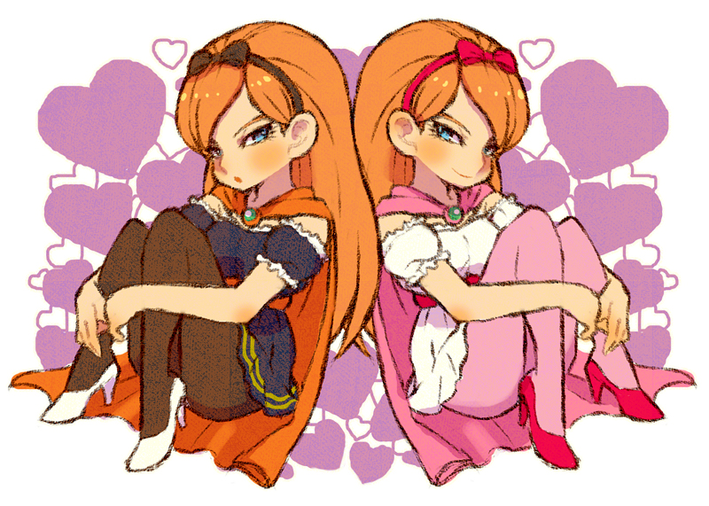 2girls, black_bow, black_dress, black_hairband, black_pantyhose, blue_eyes, bow, bow_hairband, cape, commentary_request, dragon_quest, dragon_quest_x, dress, hairband, heart, high_heels, iyakika, knees_to_chest, long_hair, looking_at_viewer, looking_to_the_side, mirror_twins, multiple_girls, off_shoulder, open_mouth, orange_cape, orange_hair, pantyhose, pink_bow, pink_cape, pink_footwear, pink_hairband, pink_pantyhose, rizerotta_(dq10), rukoria_(dq10), siblings, sisters, twins, white_dress, white_footwear