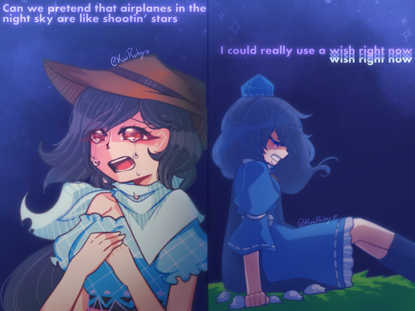 2girls, airplanes_(b.o.b.), back-to-back, black_hair, blue_dress, blue_hair, blue_hat, blue_socks