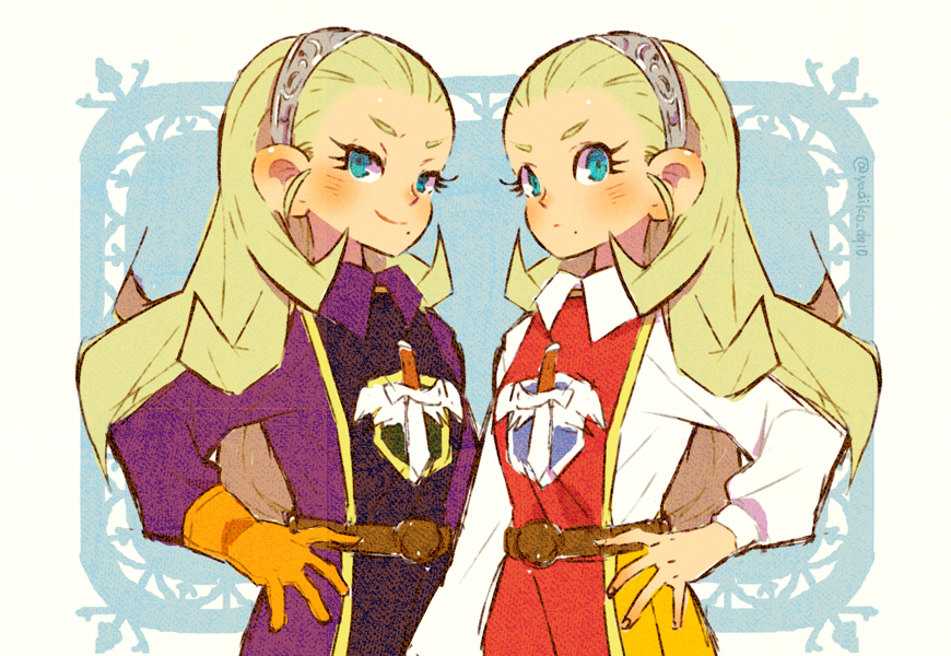 2girls, anlucea, anlucea_the_maluminary, aqua_eyes, black_tabard, blonde_hair, blouse, border