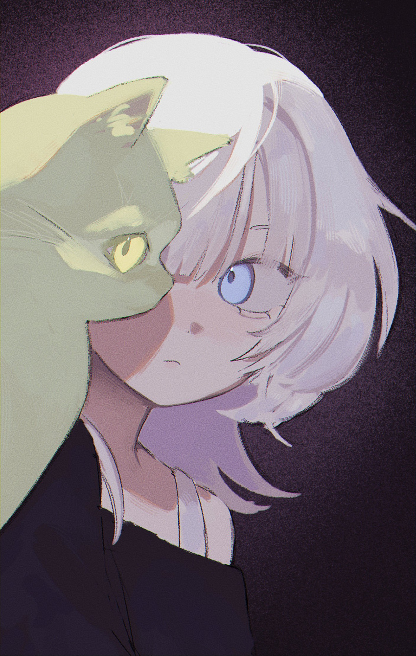 1girl, animalization, bang_dream!, bang_dream!_it's_mygo!!!!!, black_background, black_shirt, blue_eyes, closed_mouth, commentary, green_cat, highres, kaname_raana, looking_at_viewer, medium_hair, mocca_(nii5os), off-shoulder_shirt, off_shoulder, shirt, solo, wakaba_mutsumi, white_hair, yellow_eyes