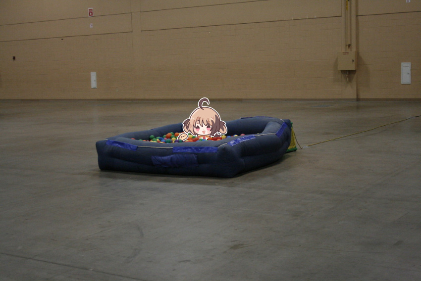 1girl, :d, absurdres, ahoge, ball_pit, brown_hair, bulbaasaur, chibi