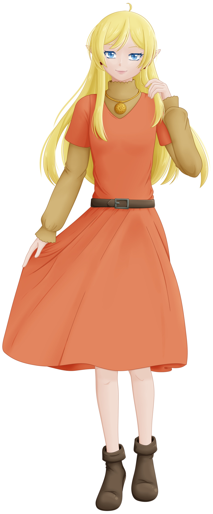 absurdres, belt, blonde_hair, blue_eyes, boots, commission, commissioner_upload, dress, elf, full_body, highres, jewelry, lotte_farona, necklace, orange_shirt, orange_skirt, pointy_ears, selinanovalight, shirt, skirt, smile, ways_of_darkness_(series)
