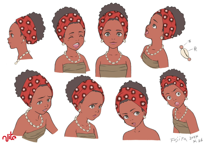 2024, 6+girls, african_clothes, artist_name, black_hair, blush, closed_mouth, collarbone