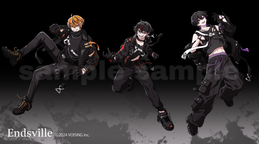 3boys, :d, ahoge, arkhe, bandana, bare_shoulders, belt, black_background