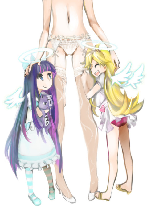 god, halo, honekoneko, honekoneko_(psg), hug, lingerie, mom_(character), mom_(psg), navel, panties, panty_&amp;_stocking_with_garterbelt, panty_(character), panty_(psg), panty_and_stocking's_mother, stocking_(character), stocking_(psg), thighhighs, tribute, underwear, wings, young