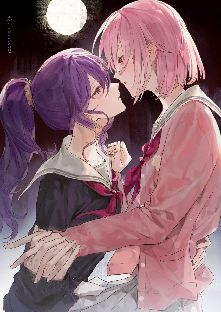 2girls, absurdres, artist_name, asahina_mafuyu, black_serafuku, blue_eyes, blush, cardigan