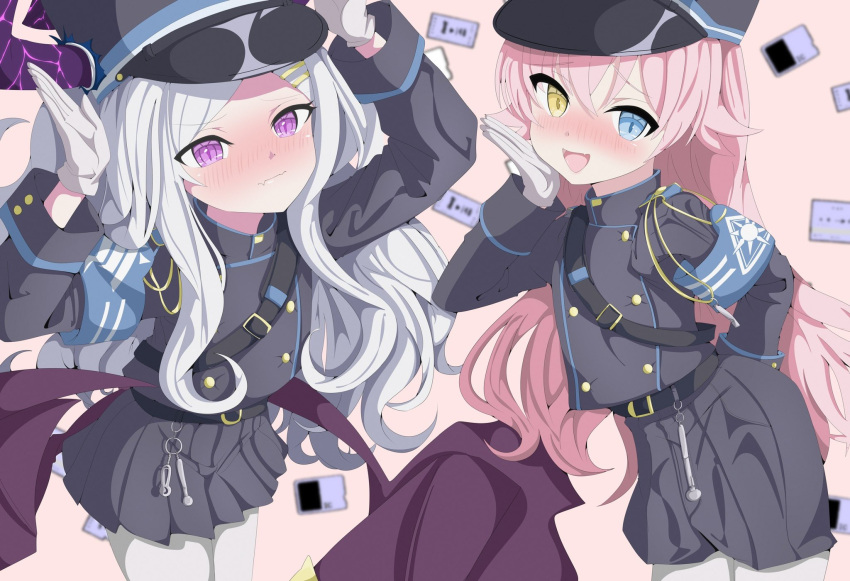 2girls, ahoge, alternate_costume, armband, arms_up, black_horns, black_jacket, black_shorts