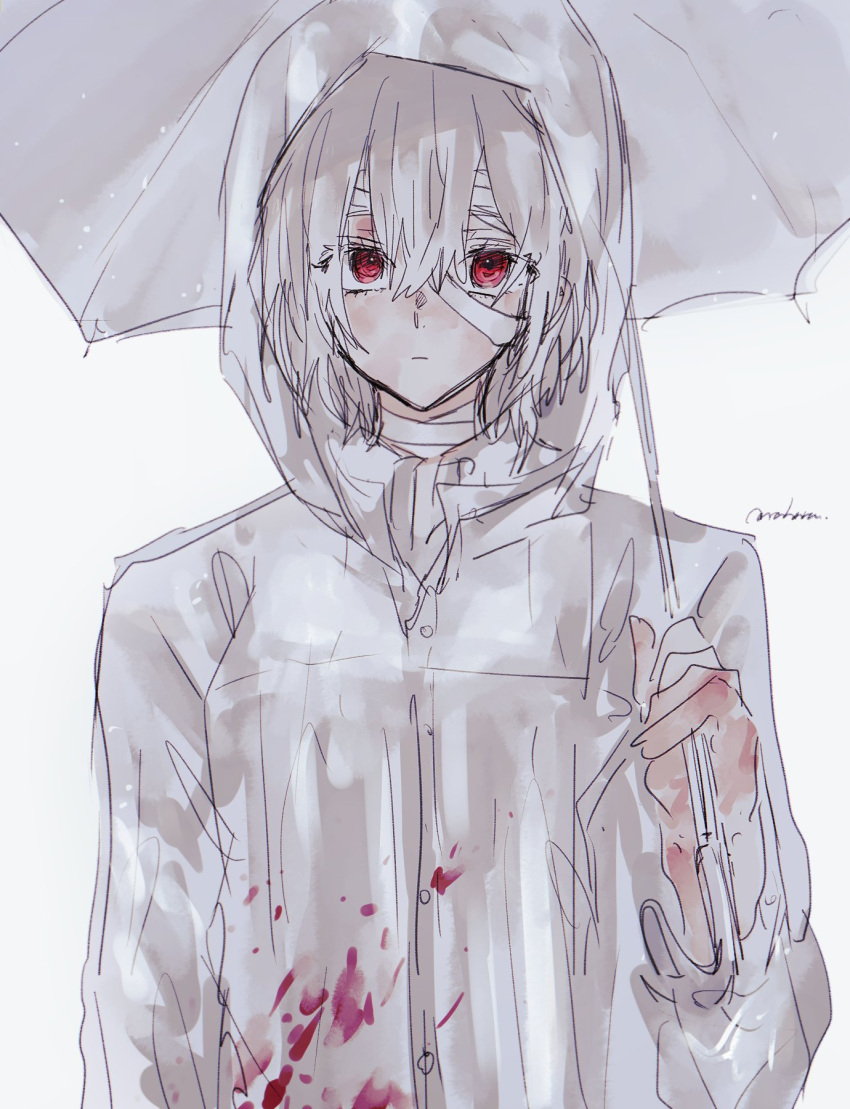 1girl, bandaged_head, bandages, blood, blood_on_clothes, commentary_request, heroine_(homicipher), highres, holding, holding_umbrella, homicipher, hood, hood_up, looking_at_viewer, nanaharu_40, raincoat, red_eyes, short_hair, simple_background, solo, umbrella, upper_body, white_background, white_hair, white_umbrella