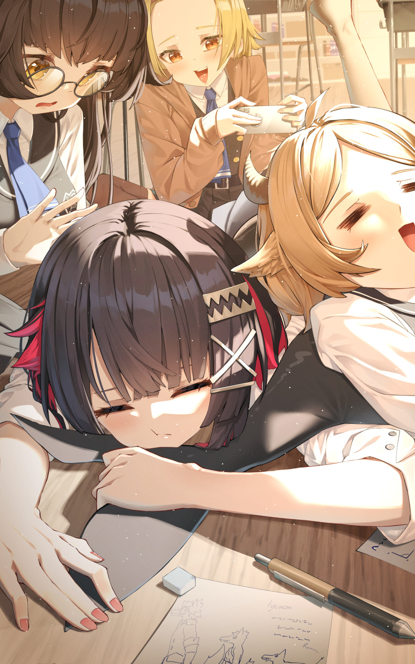 4girls, =_=, absurdres, black_hair, blonde_hair, blue_necktie, brown_cardigan, brown_hair