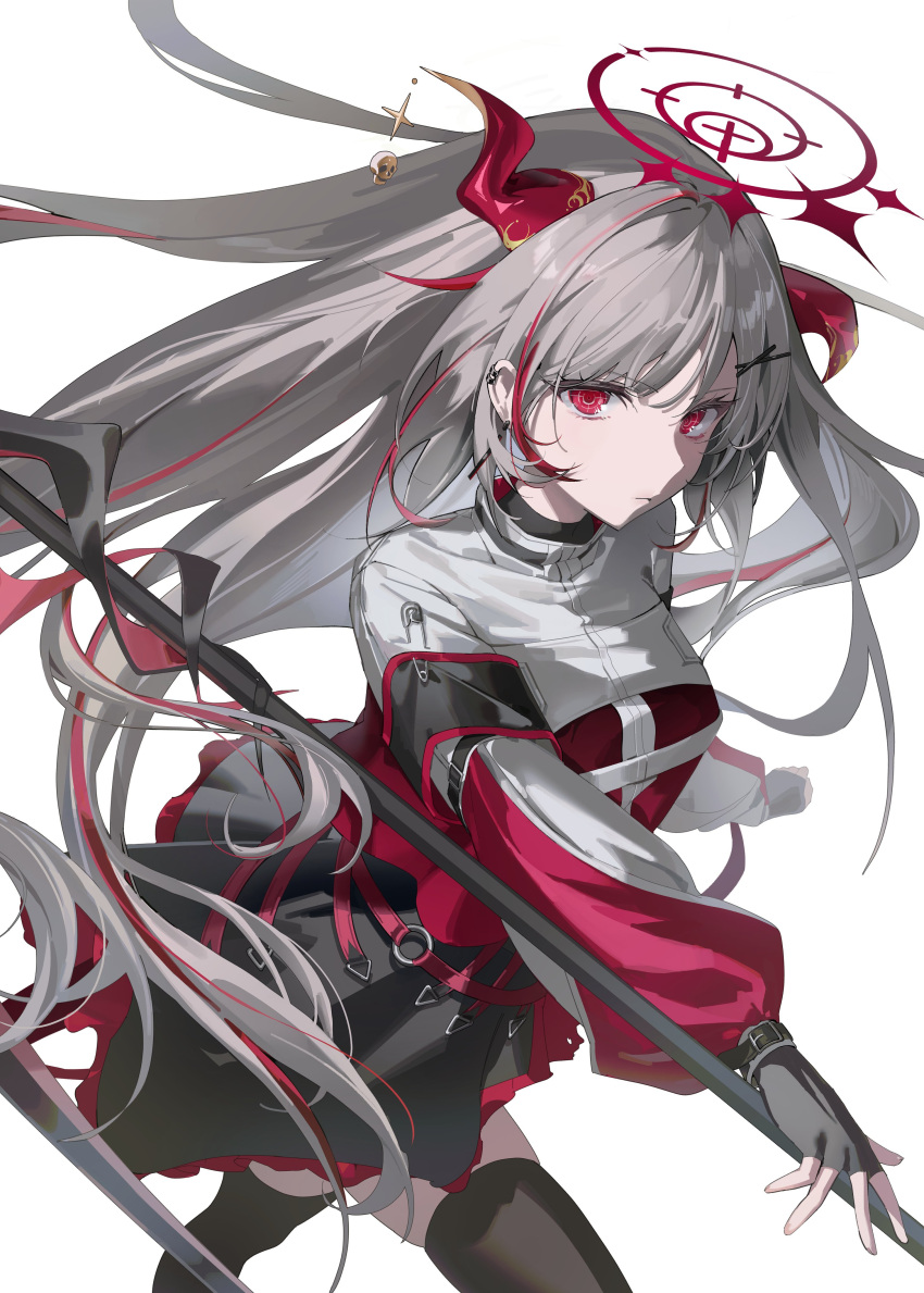 absurdres, asymmetrical_horns, black_gloves, black_skirt, black_thighhighs, chii_(chiiriring), crosshair, crosshair_pupils