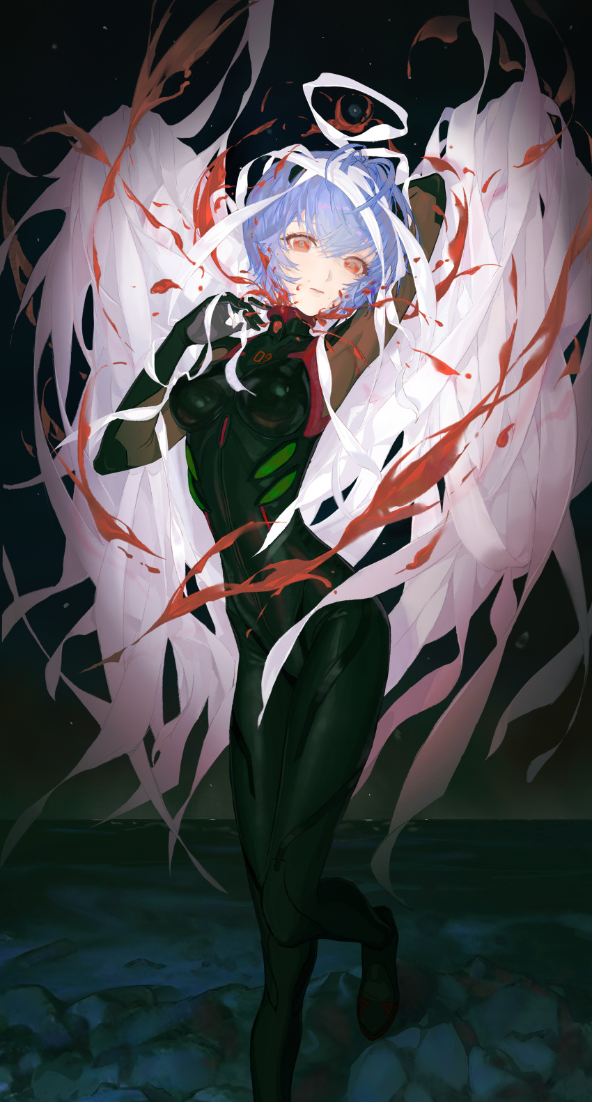 1girl, absurdres, arm_behind_head, atomicxx, ayanami_rei, beach, black_bodysuit, blood