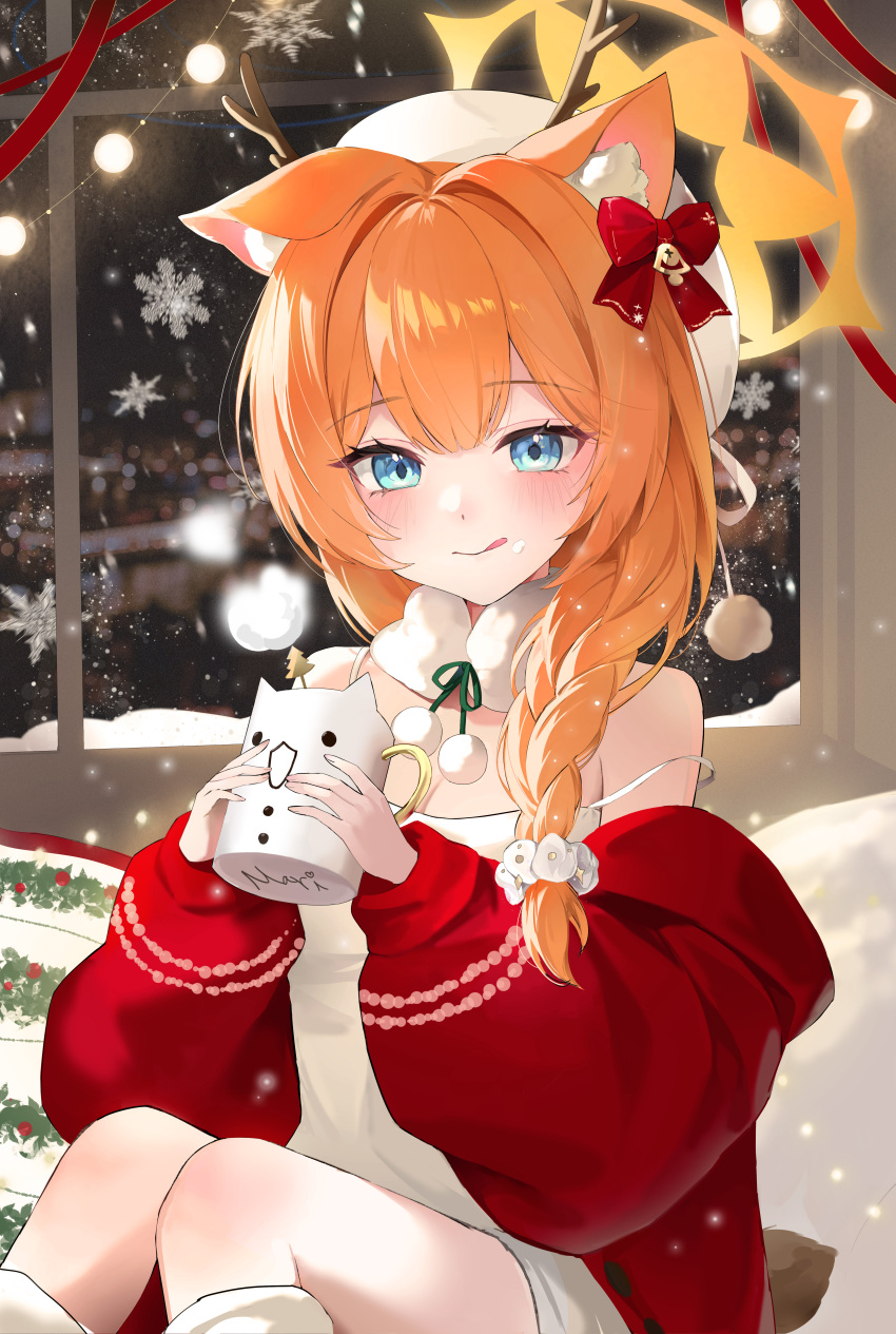 1girl, absurdres, animal_ears, blonde_hair, blue_archive, blue_eyes, christmas, commentary_request