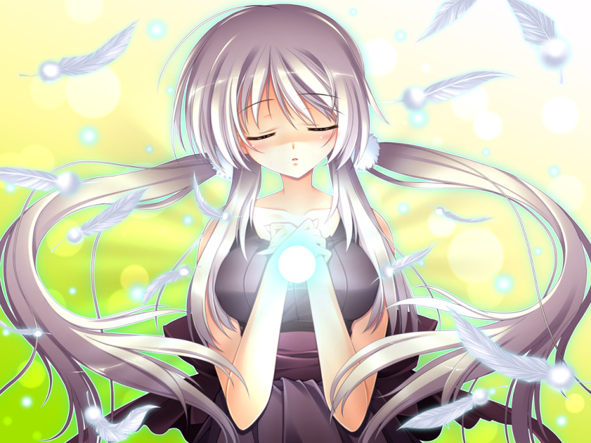 feathers, game_cg, grey_hair, magic, ooba_kagerou, sora_wo_tobu_mittsu_no_houhou, torii_karin, twintails