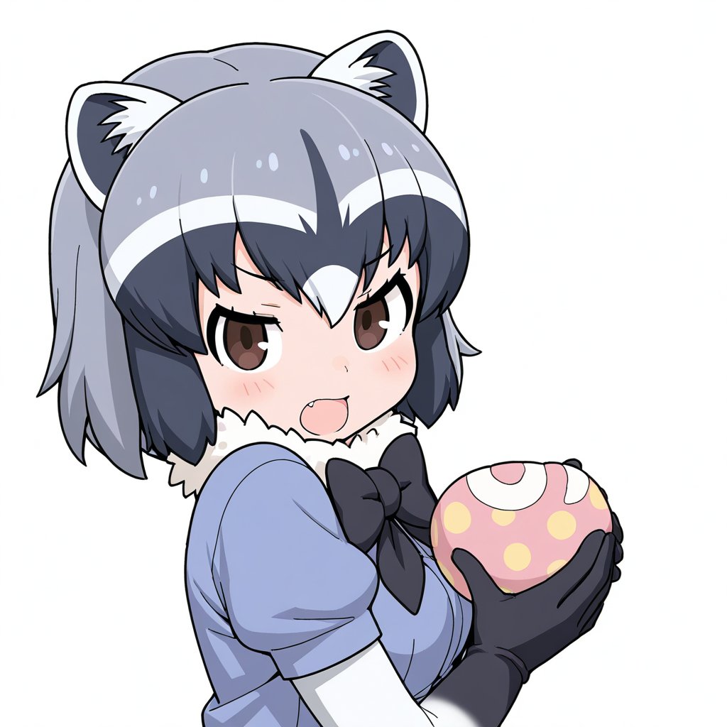 1girl, animal_ear_fluff, animal_ears, annoyed, black_bow, black_bowtie, black_gloves, blue_shirt