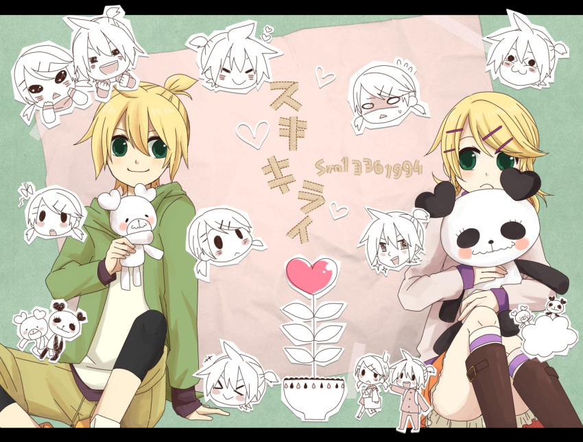 blonde_hair, brother_and_sister, chibi, green_eyes, hairclip, heart, jacket, kagamine_len, kagamine_rin, kneesocks, panda, plant, plush, ponytail, short_hair, sitting, sukikirai_(vocaloid), vocaloid
