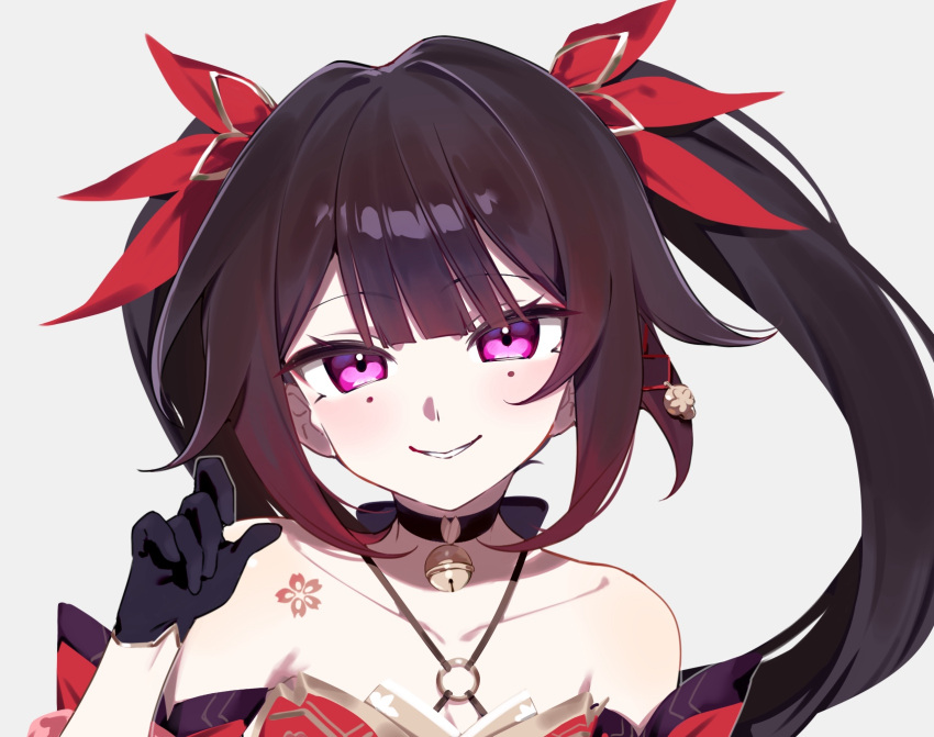 1girl, bare_shoulders, bell, black_choker, black_gloves, black_hair, blush, choker