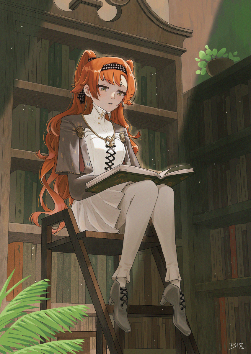 1girl, artist_name, bei_18, book, book_on_lap, bookshelf, checkered_hairband, dress