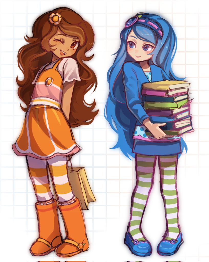 2girls, ;d, arms_behind_back, back-to-back, bag, blue_eyes, blue_footwear, blue_hair
