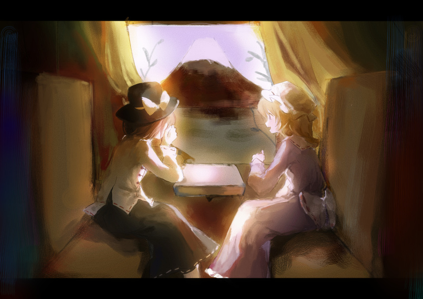 2girls, absurdres, black_hat, black_skirt, blonde_hair, brown_hair, commentary_request, dress