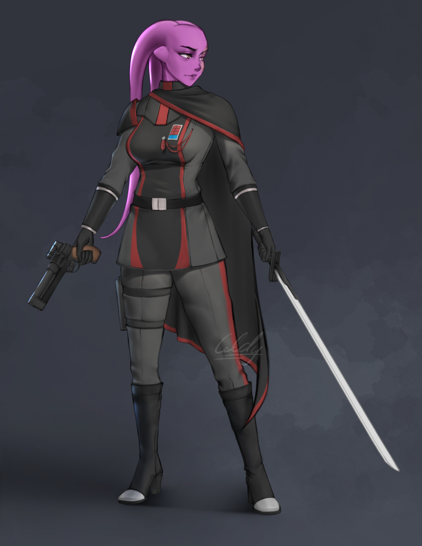 1girl, alien, belt, black_belt, black_cape, black_footwear, black_gloves, black_tunic
