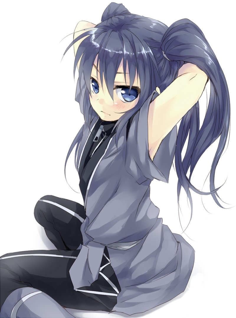 arms_up, bad_id, blue_eyes, blue_hair, blush, danji_black, kyuushuu_sentai_danjiger, male, maruki_(punchiki), punchiki, saga_kuronosuke, sitting, solo, twintails