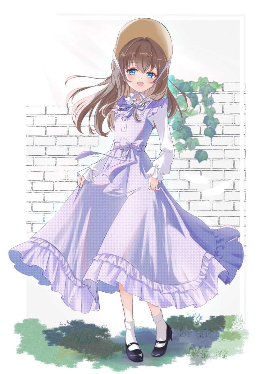 1girl, black_footwear, blue_eyes, blush, bow, bowtie, brick_wall, brown_hair