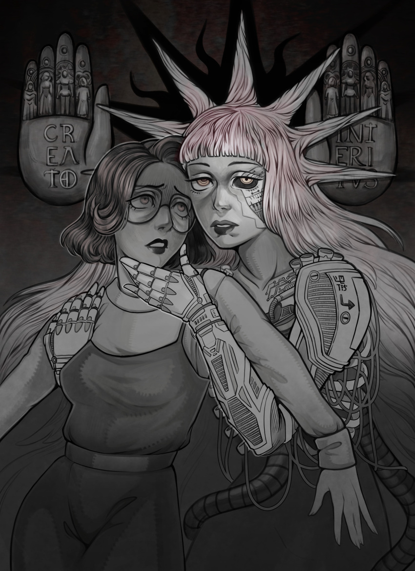 2girls, absurdres, black_hair, blunt_bangs, brown_eyes, commentary, cow, dress, exposed_internal_machinery, fear_&amp;_hunger_(series), fear_&amp;_hunger_2:_termina, glasses, hand_on_another's_chin, highres, latin_text, lips, logic_(fear_&amp;_hunger), long_hair, long_sleeves, looking_at_another, looking_at_viewer, mechanical_arms, multiple_girls, olivia_(fear_&amp;_hunger), palms, pink_hair, shirt, short_hair, siblings, sisters, spiky_hair, spoilers, spot_color, tatjasng12