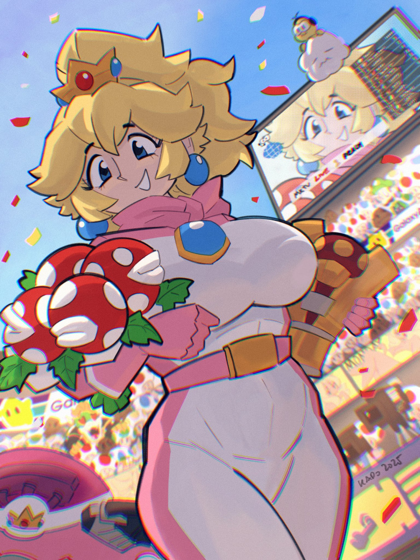 1girl, belt, biker_clothes, biker_peach, bikesuit, blonde_hair, blue_brooch, blue_eyes