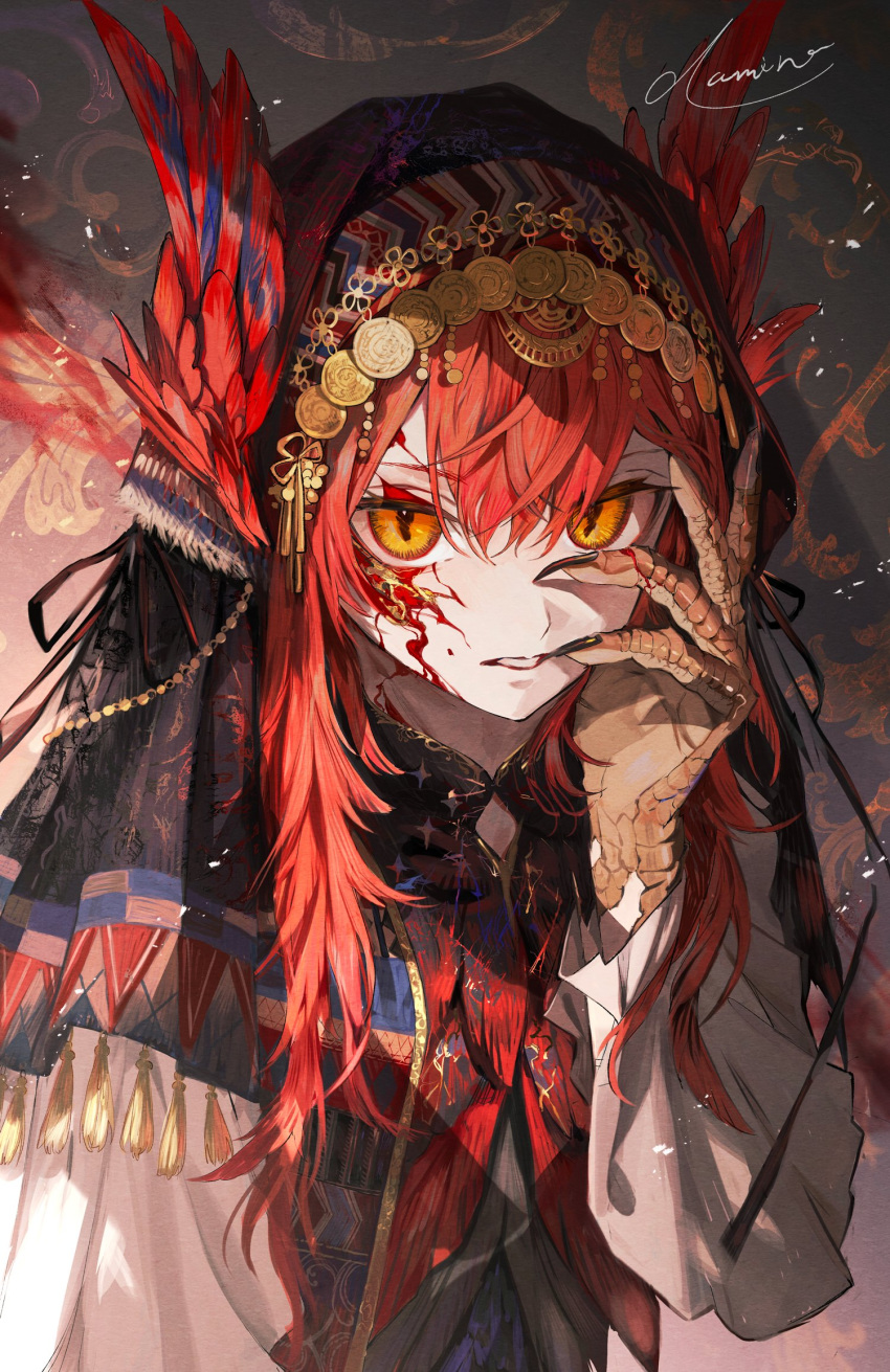 1girl, claws, facial_mark, feather_hair_ornament, feathers, hair_ornament, hand_on_own_face, headdress