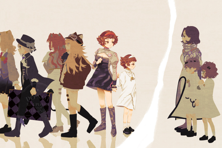1boy, 6+girls, absurdres, aged_down, animal_ear_headwear, black_coat, black_dress, black_footwear, black_hat, black_pants, black_shorts, blonde_hair, boater_hat, boots, bow, brown_hat, brown_jacket, checkered_hairband, circlet, cleavage_cutout, clothing_cutout, coat, dorothea_(reverse:1999), dress, face-to-face, full_body, glasses, goggles, goggles_on_headwear, grey_background, grey_cloak, grey_coat, grey_footwear, grey_hair, grey_sleeves, grey_sweater, hairband, hat, hat_bow, highres, isabella_(reverse:1999), jacket, juliet_sleeves, knee_boots, layered_sleeves, lilya_(reverse:1999), long_sleeves, looking_at_another, looking_back, matilda_bouanich, mesmer_jr., multiple_girls, orange_hair, pants, pants_under_dress, profile, puffy_sleeves, red_hairband, reflective_floor, reverse:1999, shirt, short_dress, short_hair, short_over_long_sleeves, short_sleeves, shorts, socks, sonetto_(reverse:1999), standing, suitcase, sweater, the_ring_(reverse:1999), time_paradox, tn_kn1000, vertin_(reverse:1999), walking, watermark, white_dress, white_hairband, white_pants, white_shirt, white_shorts, white_socks