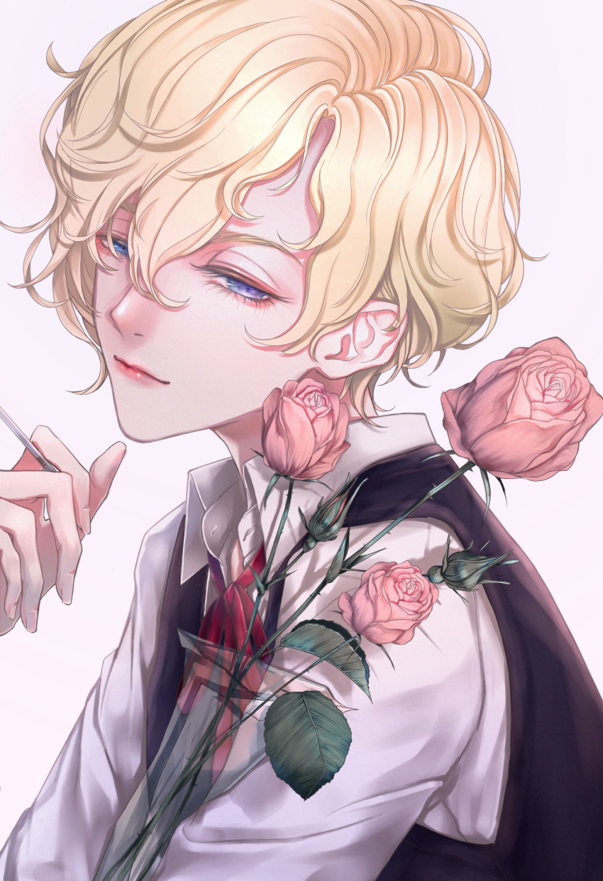 1boy, absurdres, bishounen, black_jacket, blonde_hair, blue_eyes, flower, from_side