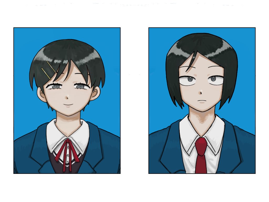 1boy, 1girl, black_hair, black_sweater, blue_background, blue_jacket, closed_mouth, collared_shirt