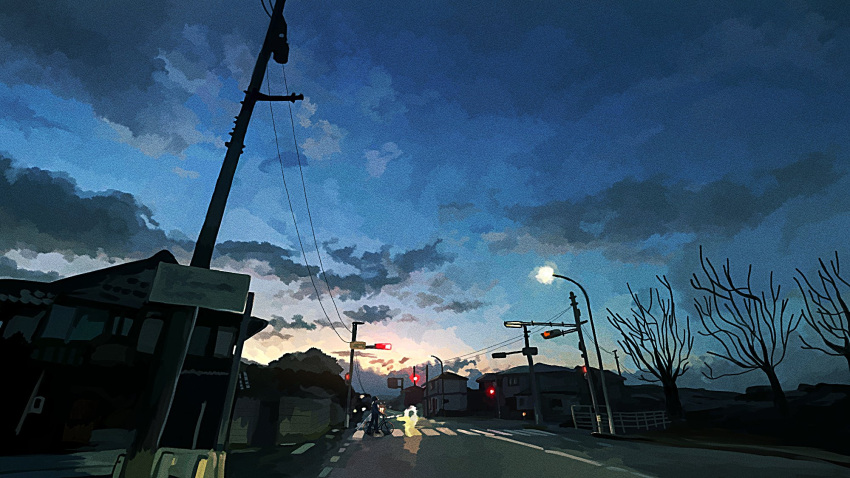 banakotakemaru, bare_tree, bicycle, building, clouds, cloudy_sky, commentary_request, crosswalk