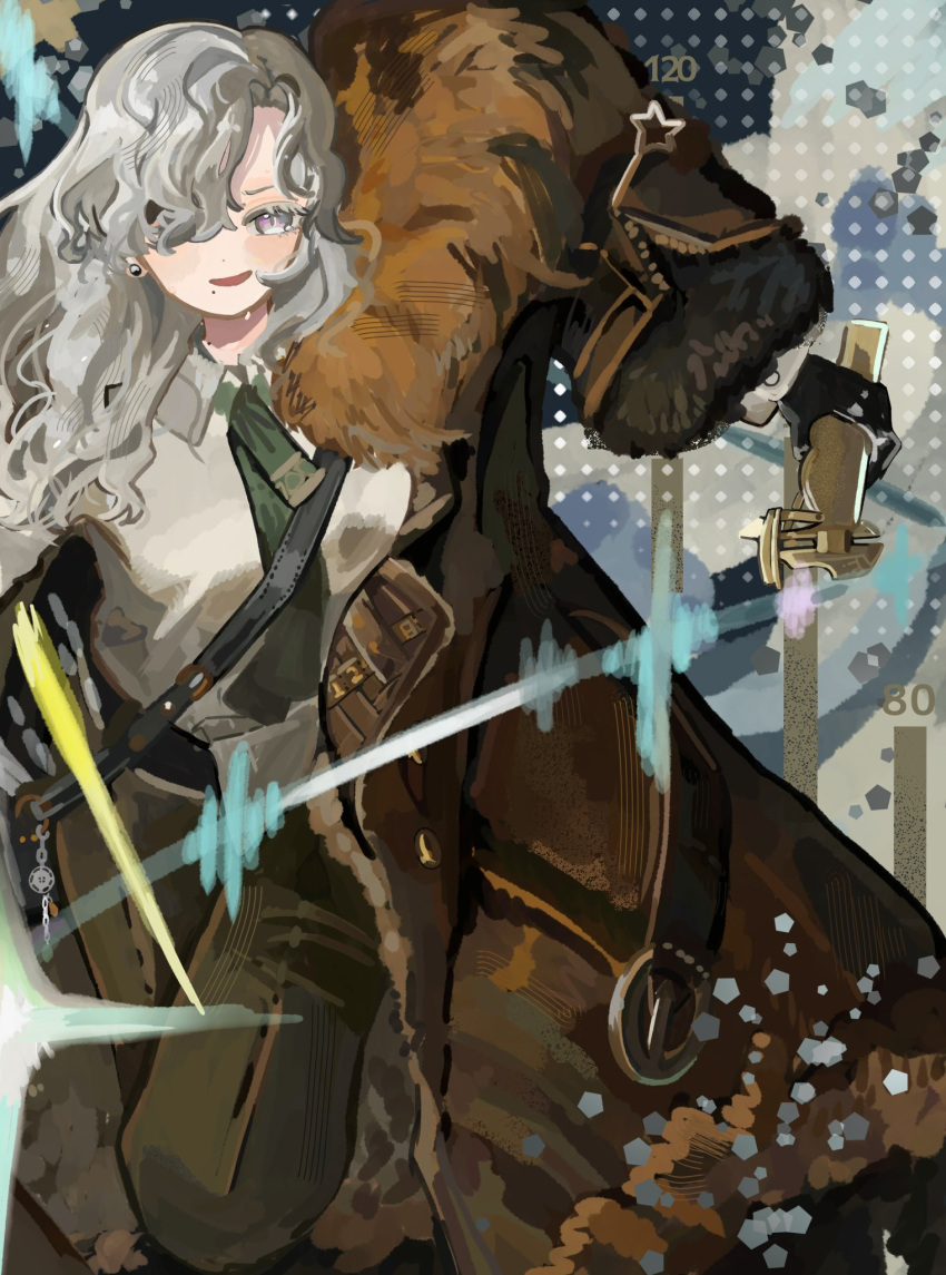 1girl, :d, arm_out_of_sleeve, bag, black_gloves, brown_coat, coat, cowboy_shot