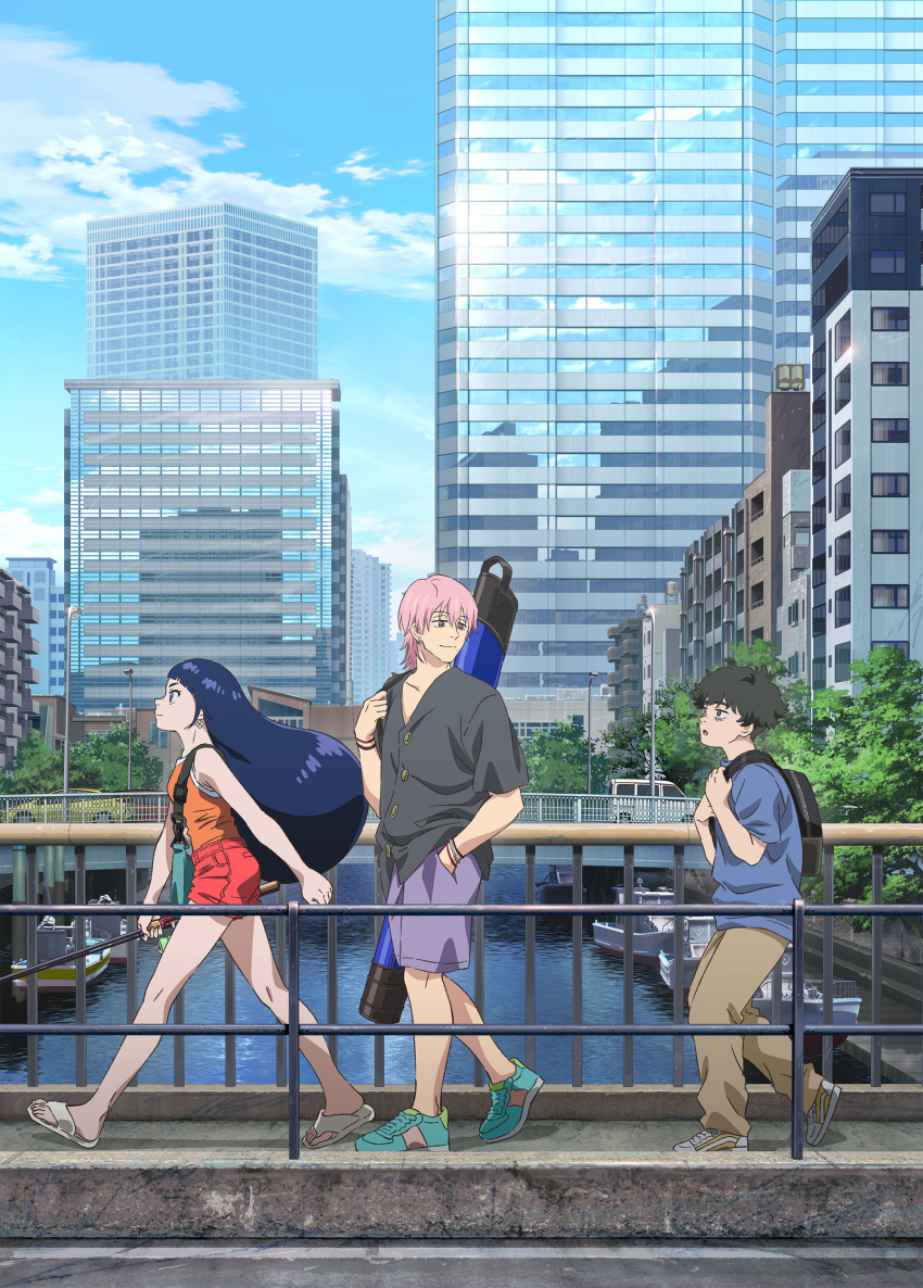 1girl, 2boys, absurdres, ayukawa_hana, backpack, bag, balcony, bare_arms