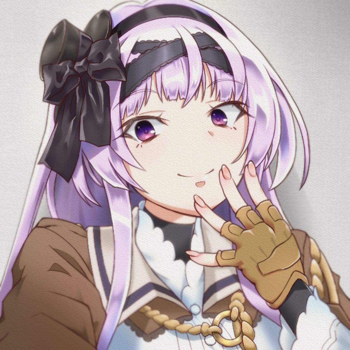 1girl, assault_lily, black_bow, black_hairband, black_hat, bow, brown_gloves, brown_jacket