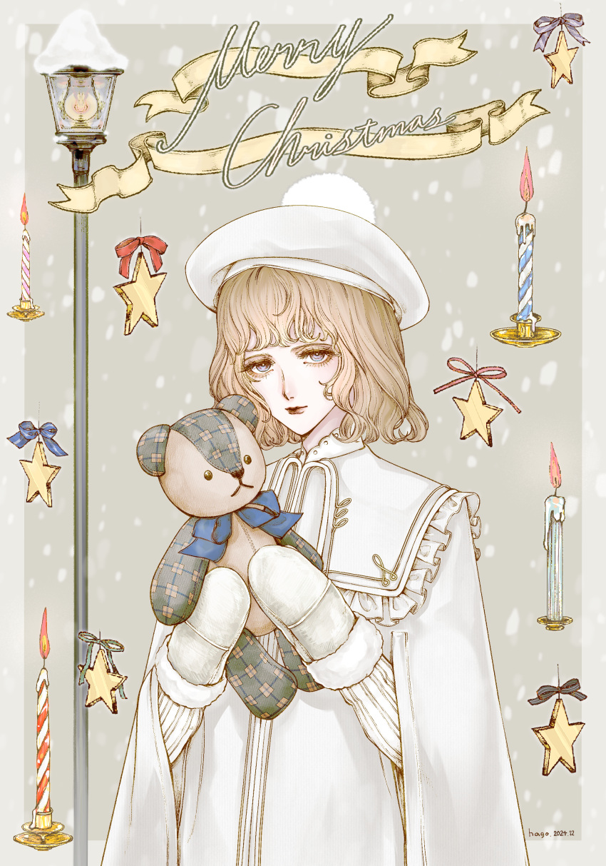 1boy, absurdres, bishounen, blonde_hair, candle, christmas, coat, english_text