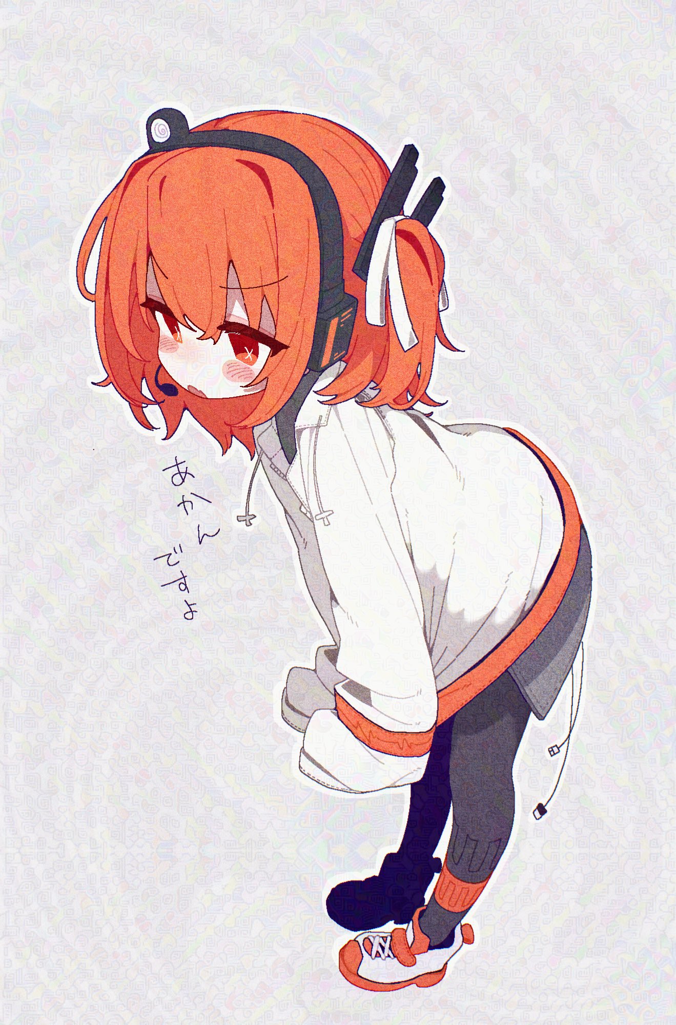 1girl, :o, a.i._voice, adachi_rei, banananosongen, black_pantyhose, blush, drawstring, foreshortening, from_side, hair_between_eyes, hair_ribbon, headphones, highres, jacket, layered_clothes, leaning_forward, long_sleeves, one_side_up, open_mouth, orange_eyes, orange_hair, outline, pantyhose, ribbon, shoes, short_hair, sidelocks, simple_background, sleeves_past_fingers, sleeves_past_wrists, solo, utau, white_background, white_footwear, white_jacket, white_outline, white_ribbon