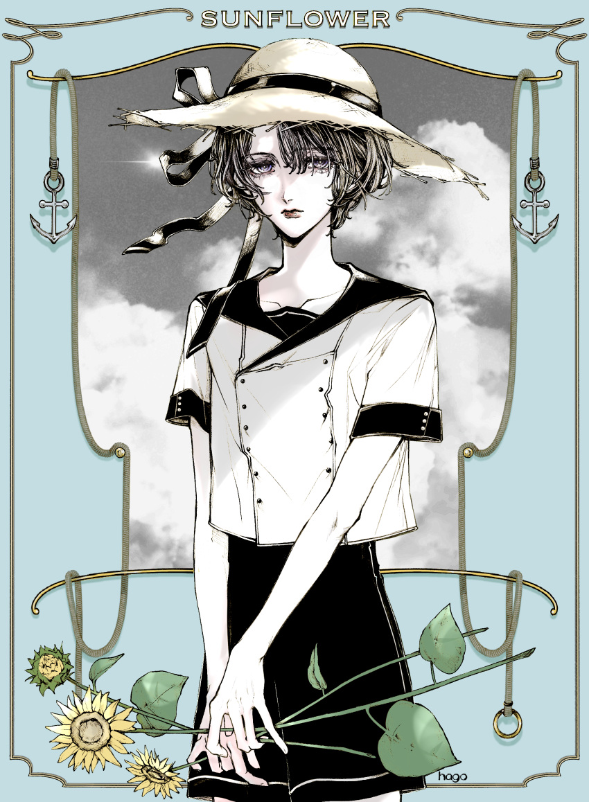 1boy, absurdres, anchor, artist_name, bishounen, black_shorts, english_text, expressionless