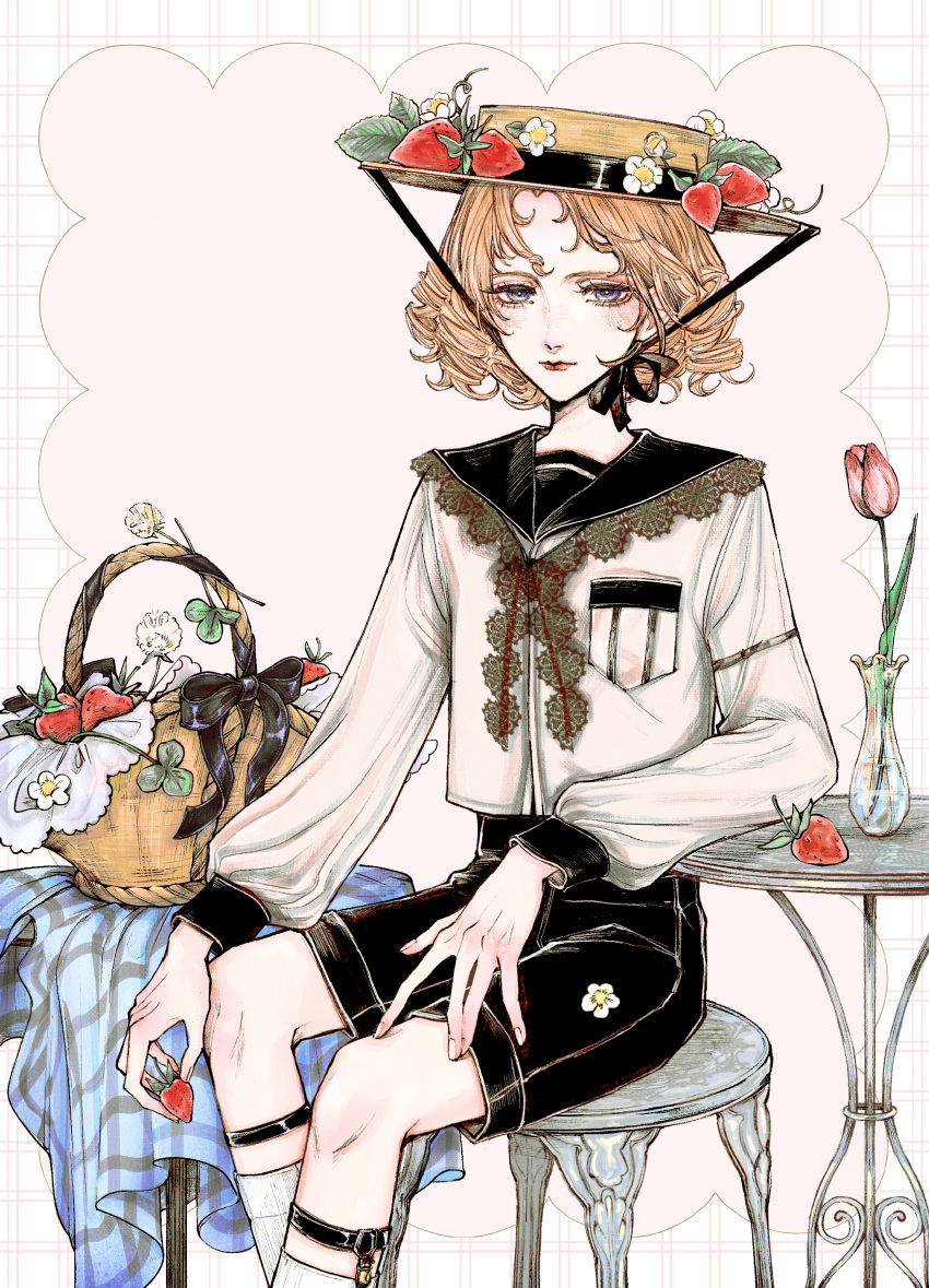 1boy, absurdres, ankle_garter, basket, bishounen, black_shorts, blonde_hair, expressionless