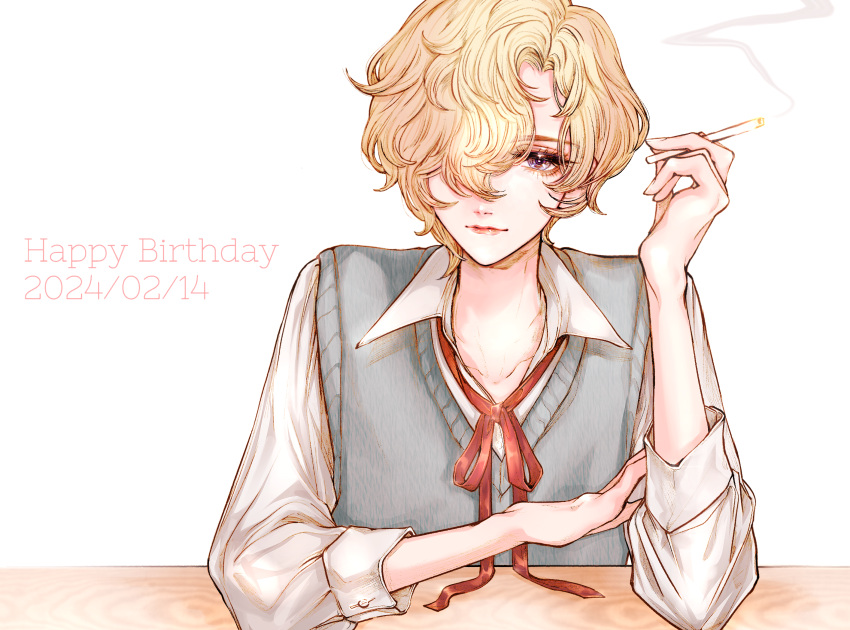 1boy, bishounen, blonde_hair, blue_jacket, cigarette, dated, english_text, hago_46