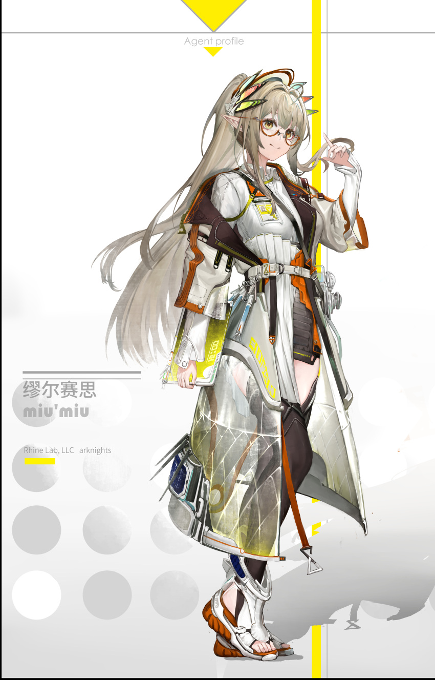 1girl, absurdres, arknights, arm_up, black_thighhighs, blonde_hair, chinese_commentary, closed_mouth