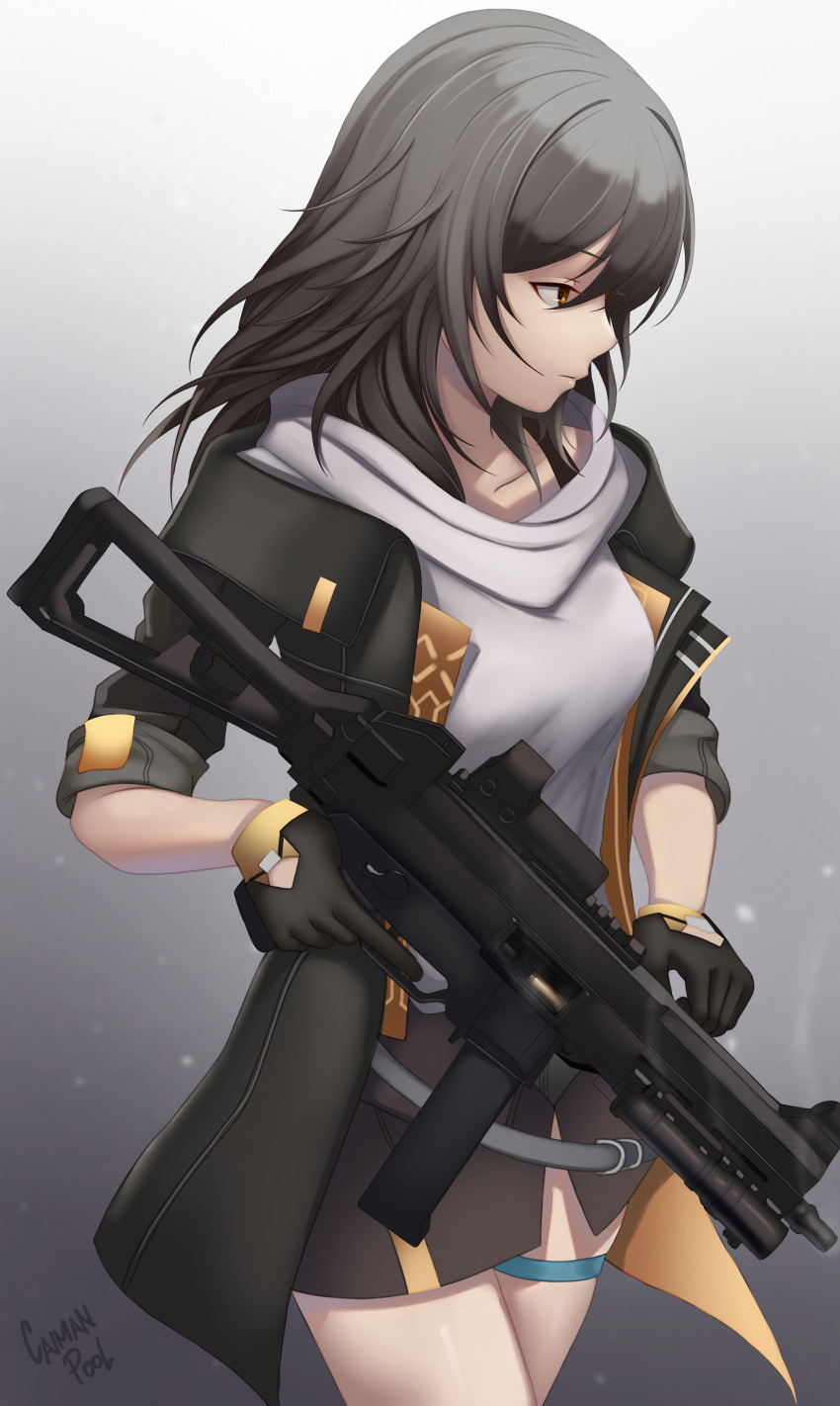 1girl, absurdres, black_gloves, black_jacket, black_skirt, breasts, caiman_pool, closed_mouth