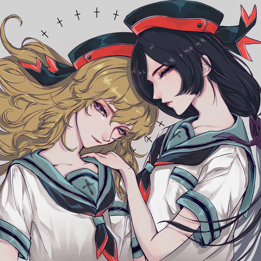 2boys, arion_rosemarine, bishounen, black_hair, black_hat, blonde_hair, hago_46, hat