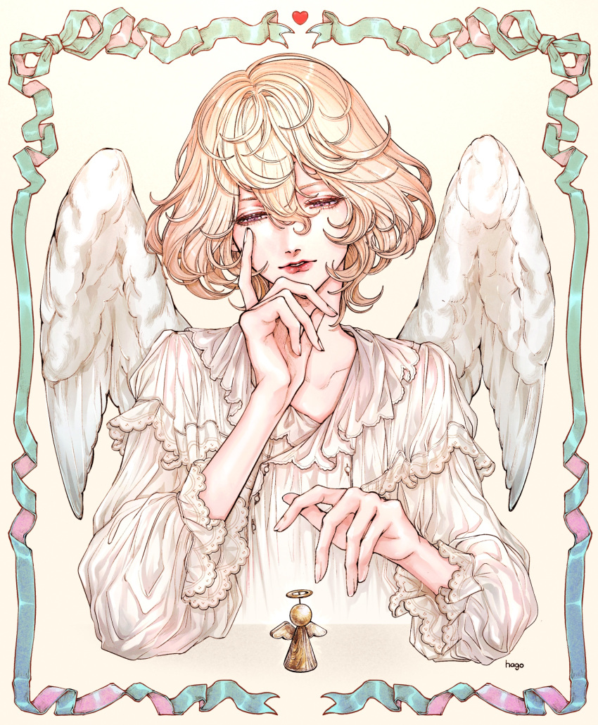 1boy, absurdres, angel, angel_wings, bishounen, blonde_hair, frilled_shirt, frills, hago_46, heart, highres, long_sleeves, looking_down, original, otoko_no_ko, ribbon, shirt, solo, white_shirt, white_wings, wings