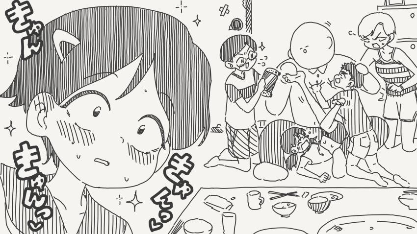 3boys, 3girls, after_meal, blush, bowl, chopsticks, commentary_request, ear_blush